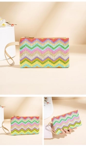 Detailed views of a rainbow woven clutch with wave patterns and golden zipper closure