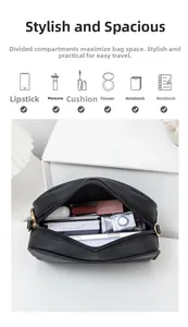 Internal view of cross-body bag showing organized compartments for phone and cosmetics