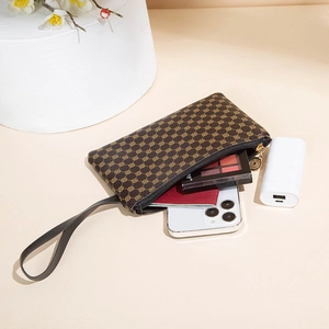 Rainbow woven pattern clutch bag in dark brown with metal zipper and large capacity