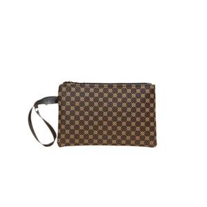Dark brown leather clutch bag with vintage gold circular patterns and metallic zipper