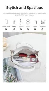 Interior view of floral lined white PU handbag with organized compartments and pockets