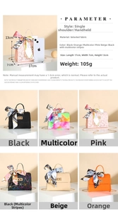 Detailed size chart and multi-color display of chic mini handbag with silk scarf