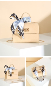 Multi-angle views of apricot crossbody bag with silk scarf handle and gold chain strap