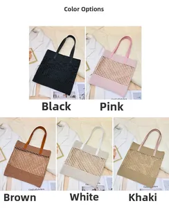 Detailed grid view of hollow woven tote bags in black, pink, brown, white and khaki colors