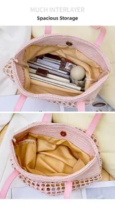 Internal view of the pink woven tote bag showing yellow lining and large storage space