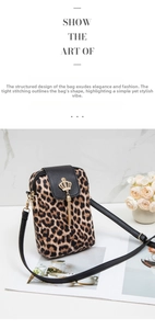 Detail of leopard print crossbody bag with gold crown charm and black leather flap
