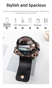 Detail view of leopard print crossbody bag showing interior compartments for phone and makeup