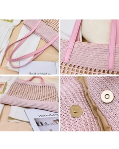 Detail view of pink woven mesh bag featuring leather handles and magnetic silver closure
