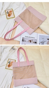Detailed macro view of pink woven mesh tote bag featuring artisanal crochet textures