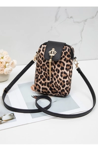 Detail of leopard print phone crossbody bag with golden crown tassel and adjustable strap