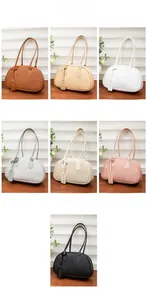 Litchi pattern Boston handbags in various colors with elegant brand tags and straps