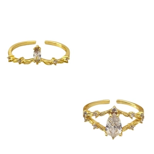 Floral fairy gold adjustable open rings with marquise and pear-shaped zircons