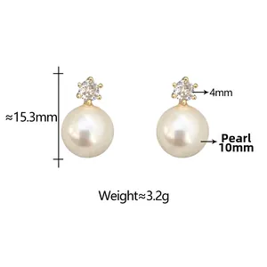 Classic 10mm pearl stud earrings with sparkling cubic zirconia and dimensions data