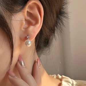 Classic 10mm pearl drop earrings with sparkling round zircon stud in a silver setting