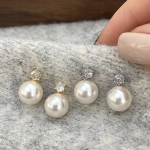 Cubic Zirconia Artificial Pearl Stud Earrings With Copper Earring Post Elegant Minimalist Round Faux Artificial Pearl Jewelry For Women