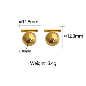 Detailed dimensions of minimalist gold ball stud earrings with bar design and sizing info