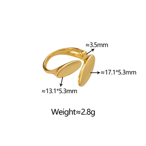 Detailed view of gold plated adjustable ring showing dimensions of the oval elements