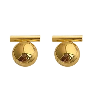 Minimalist golden metal ball stud earrings with polished finish and horizontal bar design