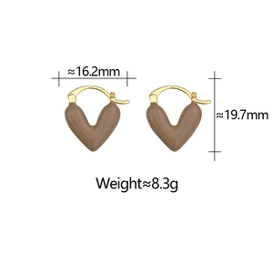 Detailed view of mocha enamel heart earrings with size specs 16.2mm by 19.7mm