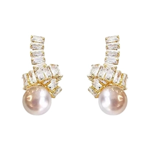 Boucles d'oreilles nœud français élégantes avec zircon brillant et perles blanches