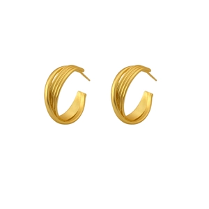 Minimalist gold hoop earrings featuring a multi-layered textured metal C-shape design