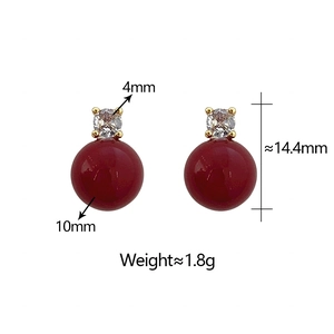 Detail view of 10mm red pearl earrings with 4mm zircon stud and size measurements