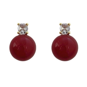 Elegant French style red pearl earrings with sparkling zircon and gold plated setting