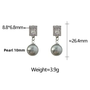 Detail view of 10mm grey pearl drop earrings with cubic zirconia measurement specifications