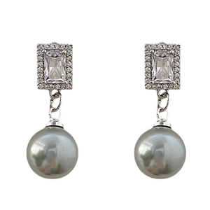 Elegant drop earrings featuring rectangular zircon studs and grey pearl pendants on white back