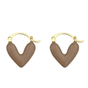 Golden heart drop earrings with vintage beige enamel finish for women, elegant pair