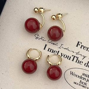 French Retro Red Artificial Pearl Earrings For Women With Gold Plated Copper Hoop Chinese Style Elegant Festive Jewelry Accessories
