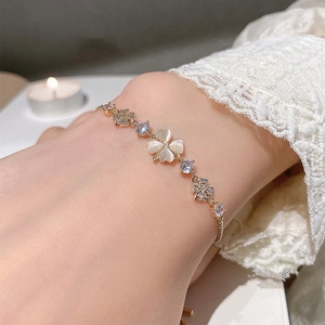 Elegant Flower Bracelet For Women With Cat Eye Stone And Zircon Copper Jewelry Adjustable Slider Clasp Sweet Style