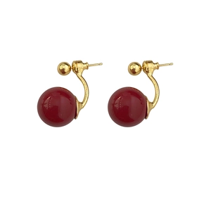 French style red pearl earrings with vintage gold hooks for a festive elegant look