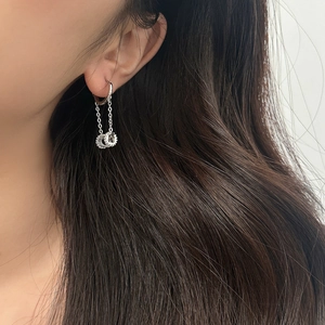 Chic silver hoop earrings with double hanging chains and zircon paved rings for women
