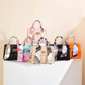 Women Fashion Mini Handbag PU Leather Lace Square Crossbody Bag With Satin Scarf Decoration Gold Twist Lock Chain Strap