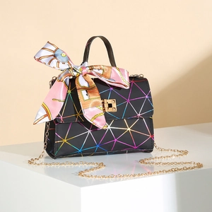 Fashionable black laser geometric crossbody bag with silk scarf and chain strap