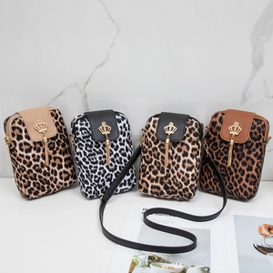 Women's Leopard Print PU Leather Cell Phone Crossbody Bag Mini Vertical Square Bag With Metal Crown And Tassel Decor Small Messenger Bag