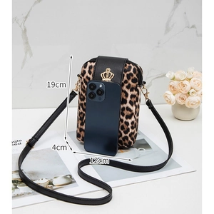 Leopard print crossbody phone bag with gold crown buckle and adjustable strap