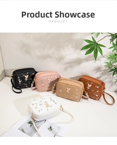Detailed collection of five colored crossbody bags with elegant butterfly and floral embroidery
