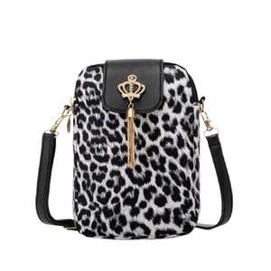 Crossbody leopard print mini bag with golden crown pendant and tassel in faux fur texture