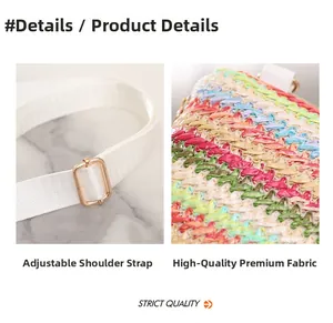 Détail de la texture tissée colorée et bandoulière réglable blanche à boucle dorée