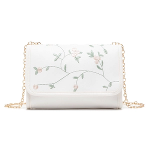 Élégant sac bandoulière blanc en similicuir avec broderie florale rose et chaîne dorée