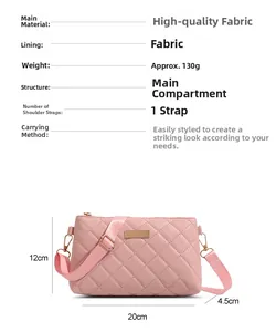 Pink quilted crossbody bag details with dimensions 20cm x 12cm x 4.5cm and 130g weight