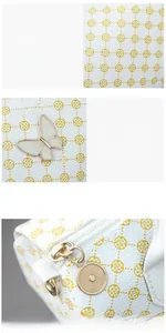 Detail of lychee pattern leather with floral print and white butterfly metal buckle