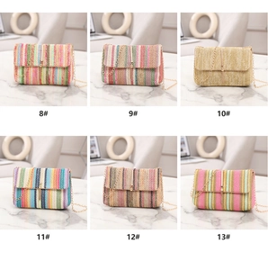 Detail display of rainbow woven crossbody bags with chain straps and metal tassels