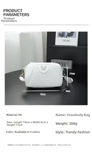 White quilted PU crossbody bag with gold butterfly clasp and 19x6x11cm dimensions detail