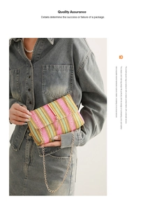 Detail of colorful woven straw crossbody bag featuring pink yellow and green stripes