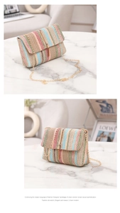 Detail of woven rainbow crossbody bag showing gold tassel lock and fine chain strap