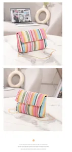 Detail of woven rainbow crossbody bag showing gold chain strap and metallic tassel lock