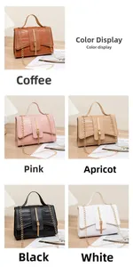 Detail showing five colors of crocodile texture mini bags with chain and tassel